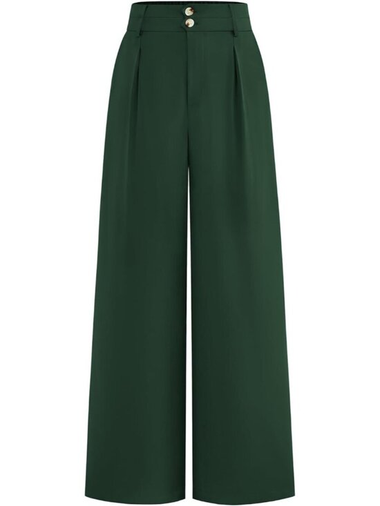 Pants - Women's Dark Green High Waisted Button Pleated Business Casual Wide Leg Pants